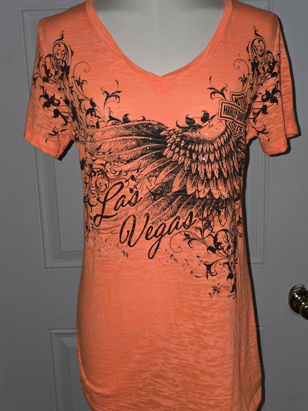 Harley-Davidson Orange V-Neck Las Vegas Graphic Tee With Rhinestones
